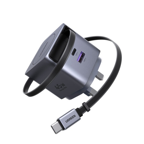 UGREEN 45W Nexode Pro GaN (USB-A*1 + Type-C*1) Fast Charger with Retractable Cable – X614 - 65823